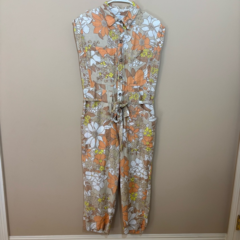 Current Air linen blend utility Floral Jumpsuit Collared  button front tie waist